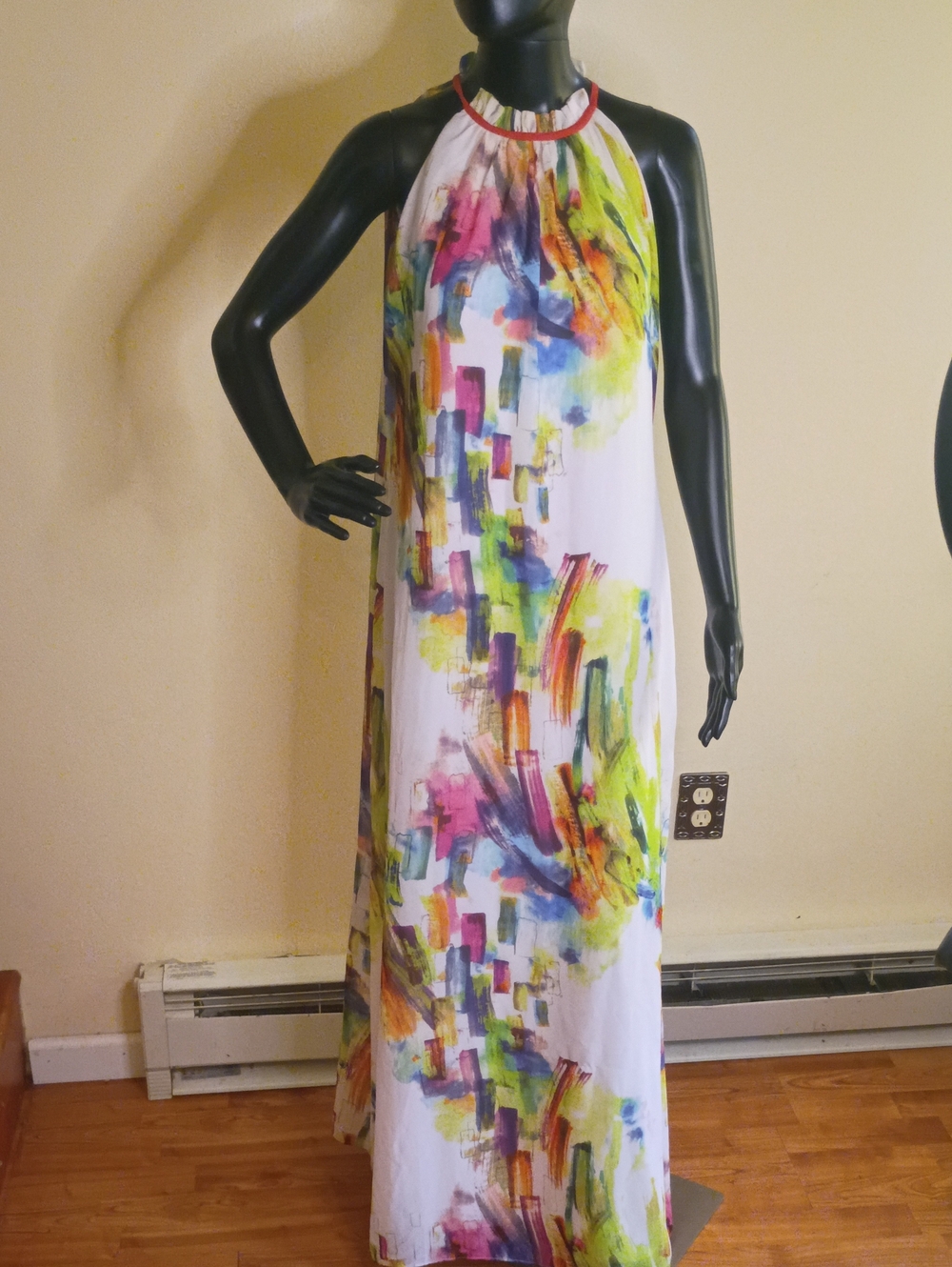 Chetta B White Halter Maxi Dress with Multi-Color Brushstroke Print